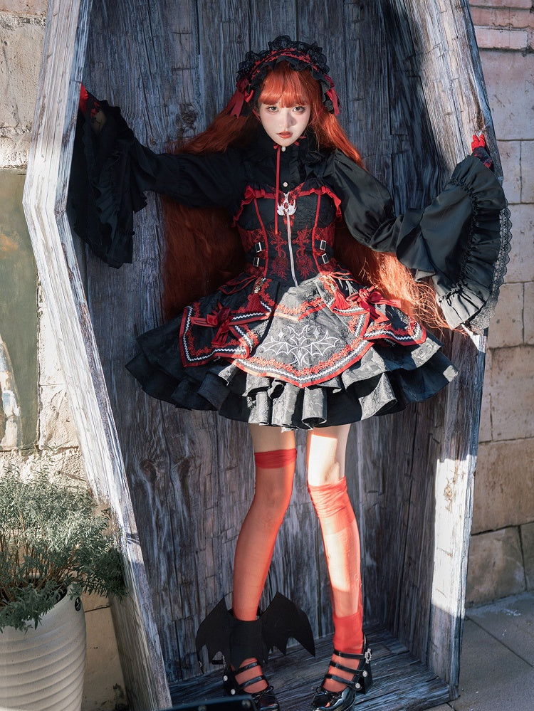 Gothic Bat Black Cross Embroidery Lolita Front Red JSK and Buckle Side Zip