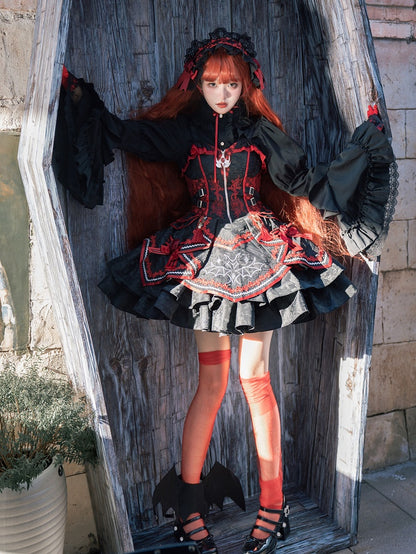 Gothic Bat Black Cross Embroidery Lolita Front Red JSK and Buckle Side Zip