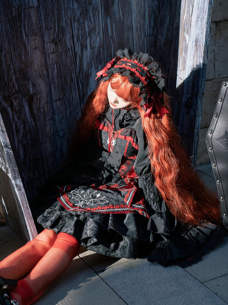 Gothic Bat Black Cross Embroidery Lolita Front Red JSK and Buckle Side Zip