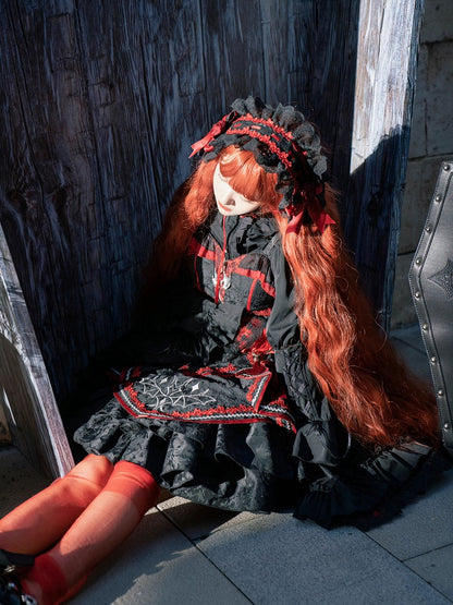Gothic Bat Black Cross Embroidery Lolita Front Red JSK and Buckle Side Zip
