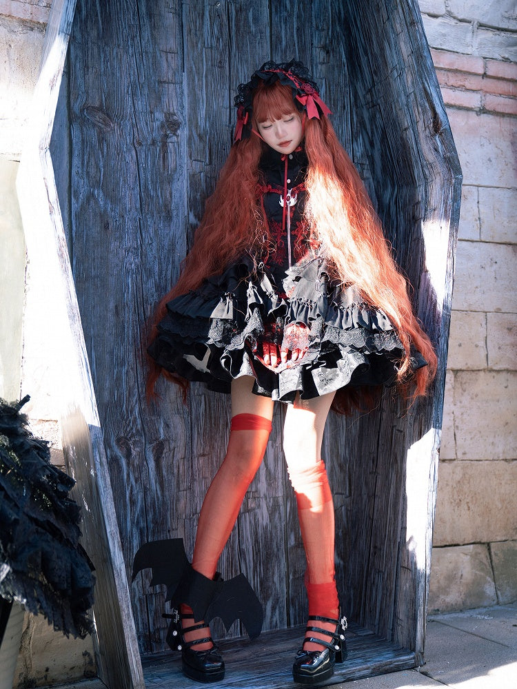 Gothic Bat Black Cross Embroidery Lolita Front Red JSK and Buckle Side Zip