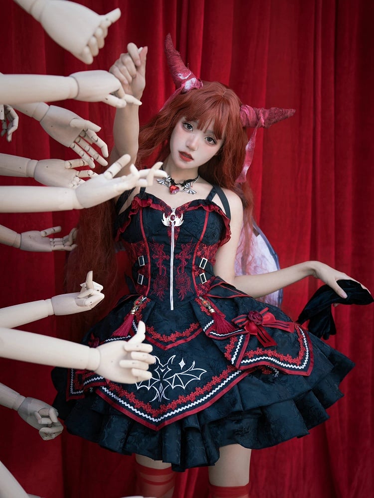 Gothic Bat Black Cross Embroidery Lolita Front Red JSK and Buckle Side Zip
