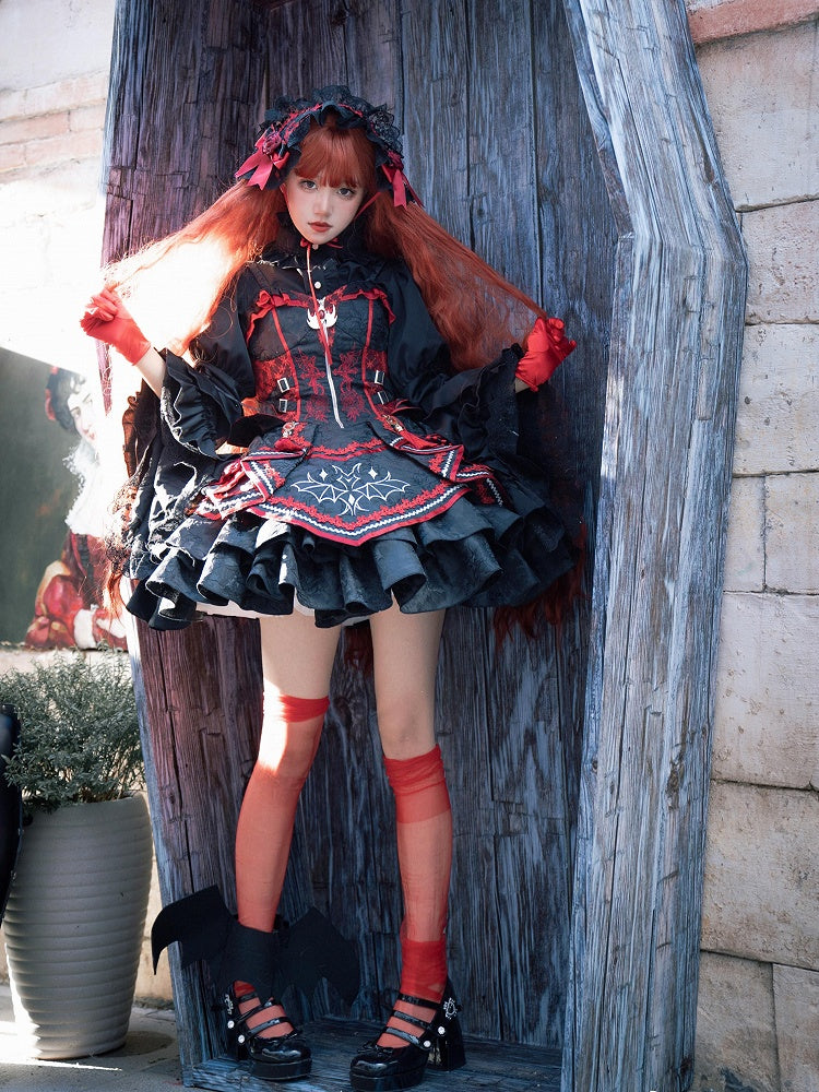 Gothic Bat Black Cross Embroidery Lolita Front Red JSK and Buckle Side Zip