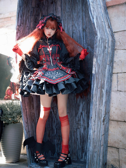 Gothic Bat Black Cross Embroidery Lolita Front Red JSK and Buckle Side Zip