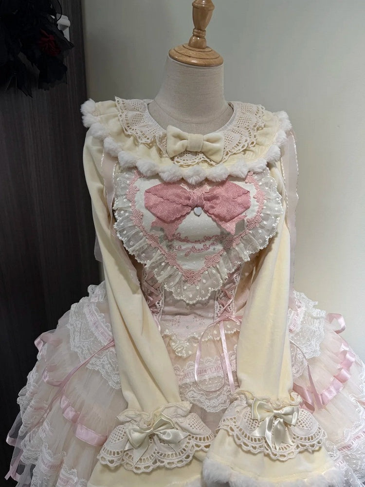 Cuffs Plush Lolita and Beige Bow Long-Sleeve with Details Top