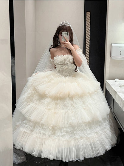 Ruffled Bow Accent with Details Layered Lolita and Tulle Hime White Dress