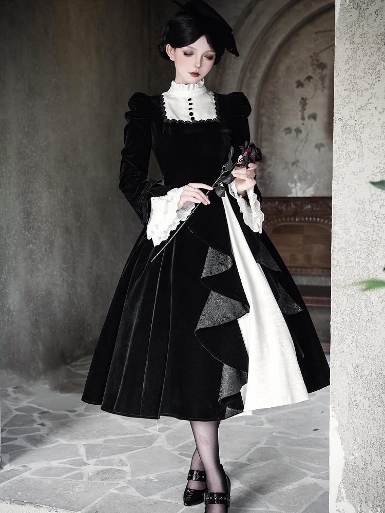 Black Cascading Lolita Elegant White Ruffled Dress Jacquard Ruffle Paneled Skirt with Fabric Neck