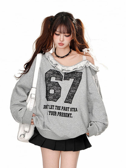 Embroidered Applique Asymmetrical with Number Lace Gray Sweatshirt
