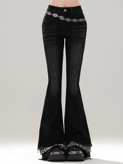 Fischschwanz-Patchwork-Karierte schwarze Bündchenjeans