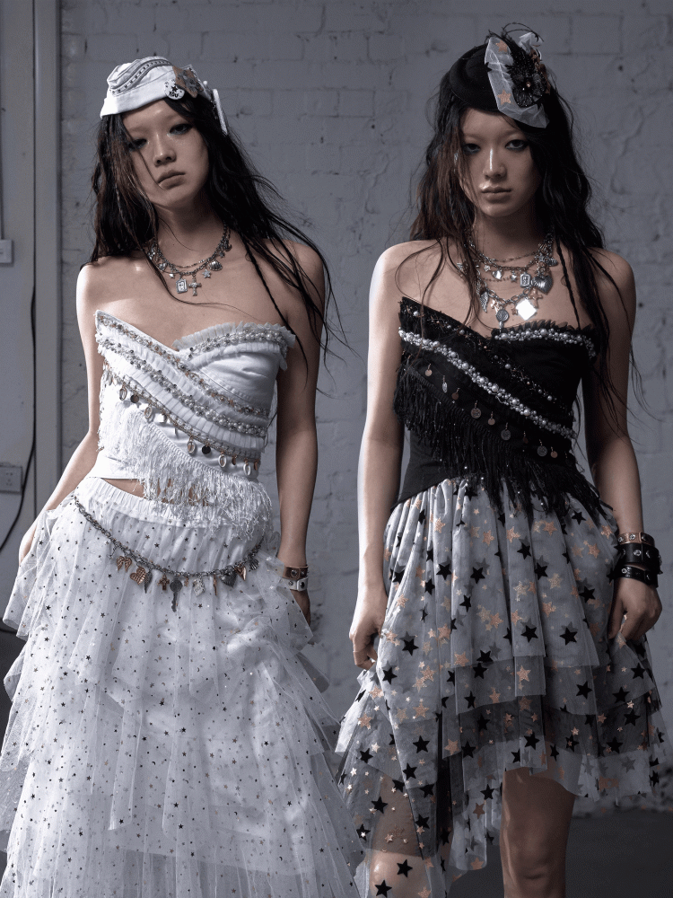 Black/White Crossover Design Bead Hem Details Fringe Baroque