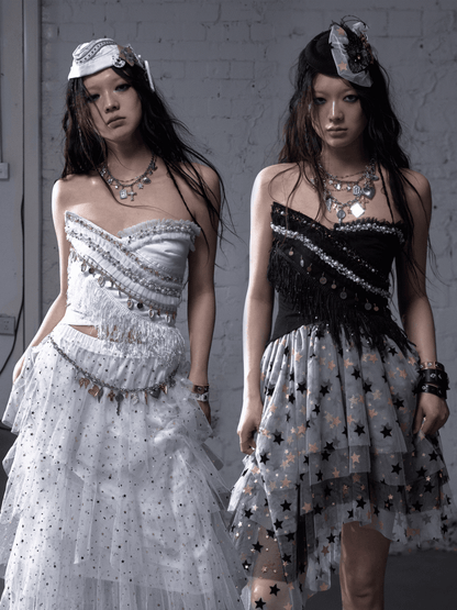 Black/White Crossover Design Bead Hem Details Fringe Baroque