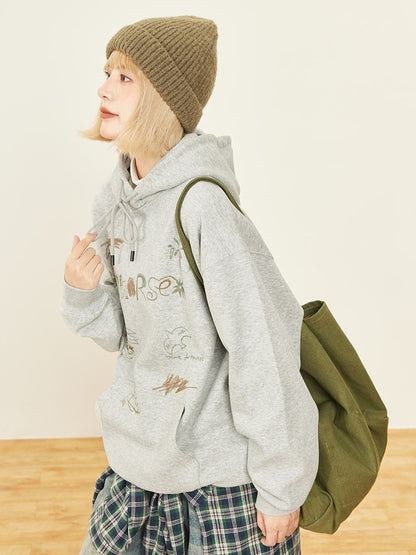 Pouch Vintage Cute Pullover Pocket Hoodie Hood Front Drawstring Print Gray -