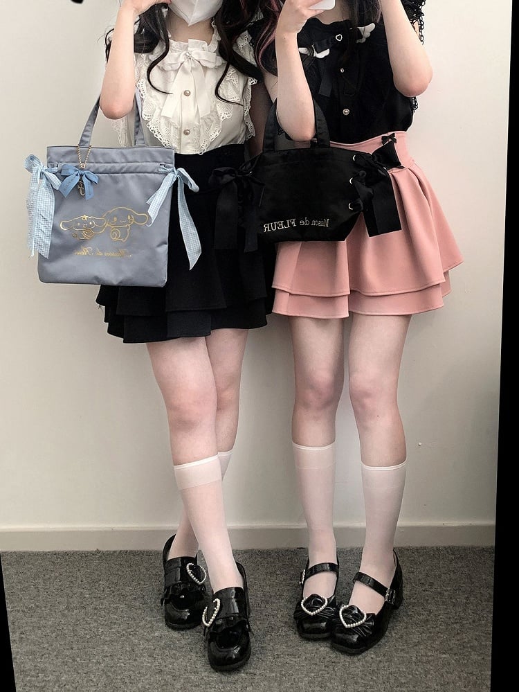Sleeves Bow Kei and Flutter with Tie Jirai Heart-shaped Trim Blouse Black/White Winged Lace