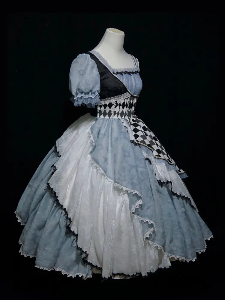 Blue Asymmetrical Design Checkerboard Lolita Dress Alice in Wonderland Vibes Long Version