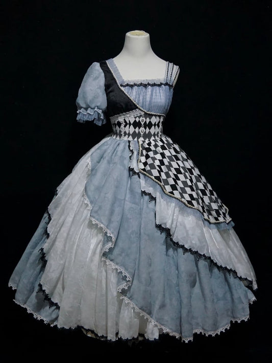 Blaues asymmetrisches Lolita-Kleid mit Schachbrettmuster, Alice im Wunderland-Vibes, lange Version