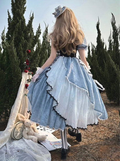 Alice in Wonderland Blue Checkerboard Lolita Dress - Long Asymmetrical