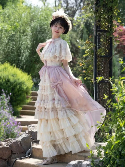 Elegant Full Print Set Edward Bluebell Dress Lolita OP Classic Beige Neck