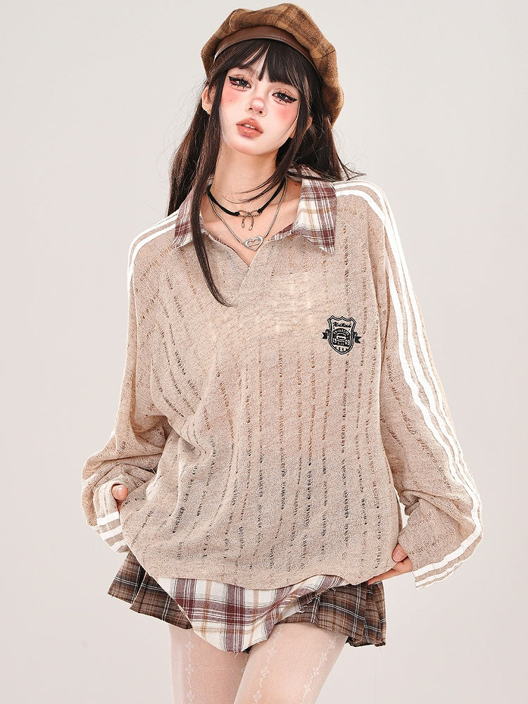 Coffee/White Polo Collar Hollowed-out Semi-sheer Loose Knit Top