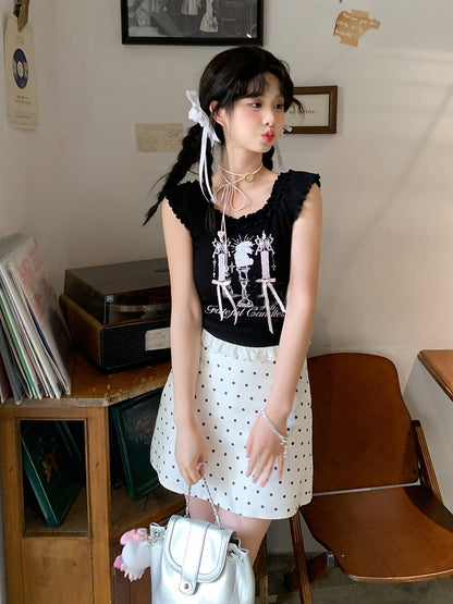 トップタンク ブラック キャンドルスティックプリント レーストリム ビタースウィート