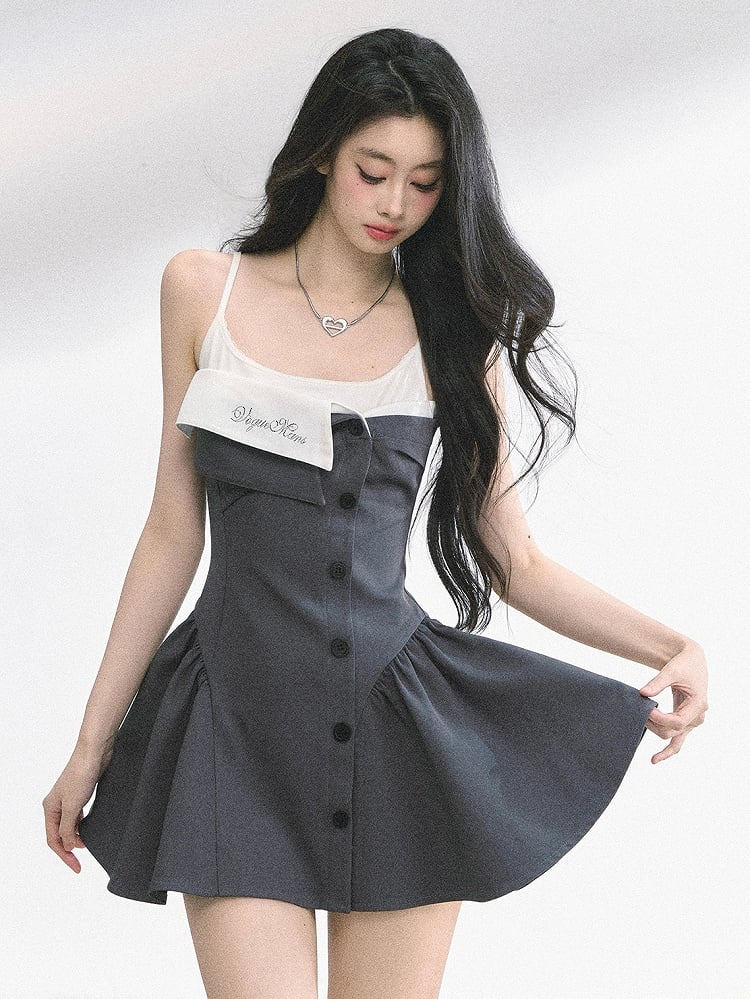 Faux Foldover Dress Two-pieces Spaghetti Gray Collar Strap