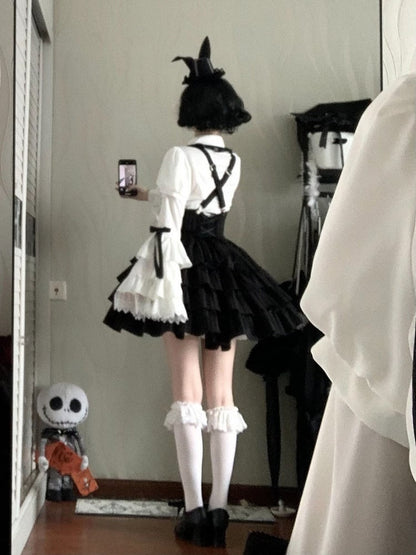 Cross Short White + Sleeves Striped Gothic-Style with Blouse High Skirt Lolita Waist Accents Black