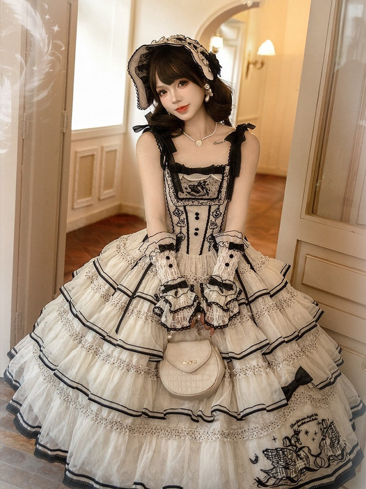 Swan-Embroidered Ruffled JSK Dress in Beige & Black - U.Rtto