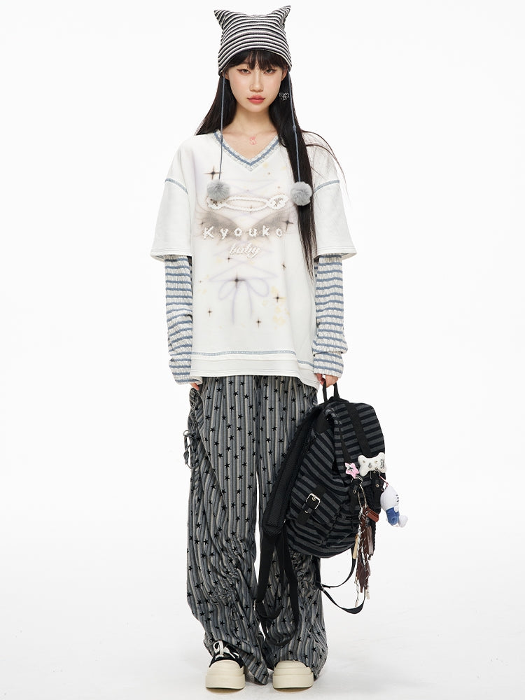 Gray Star-Striped Wide-Leg Pants with Ruched Cuffs