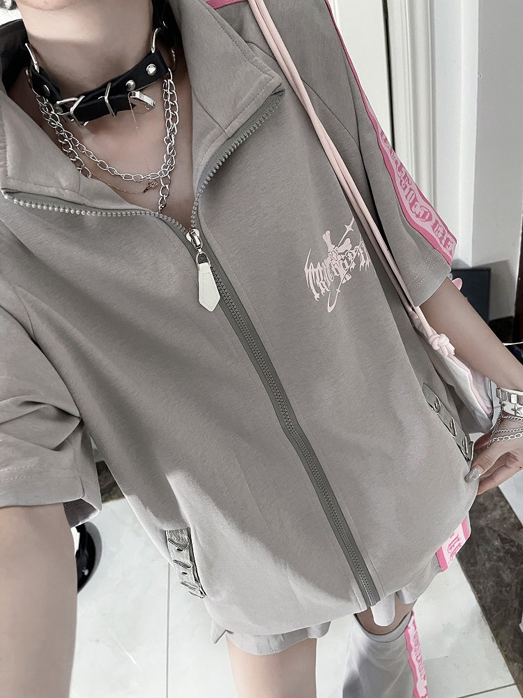 Cross Gray Jacket Stripes Sleeve Print Punk Zip-Up Pink with Short White Text