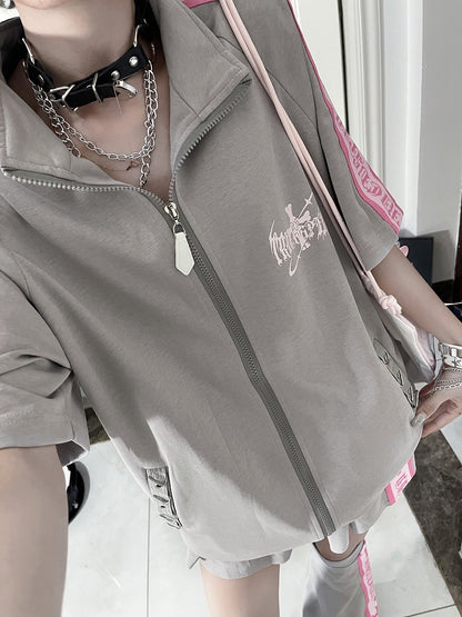Cross Gray Jacket Stripes Sleeve Print Punk Zip-Up Pink with Short White Text
