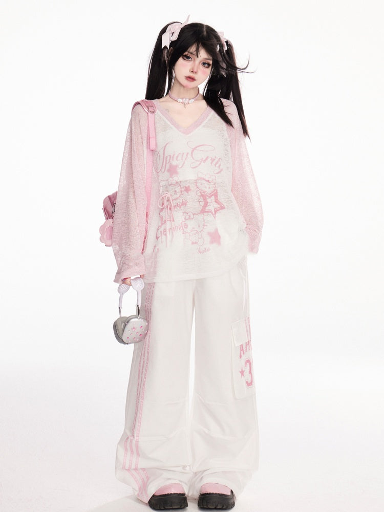 ドローストリングウエスト ストライプサイド ワイドレッグ カーゴパンツ ブラック/ホワイト