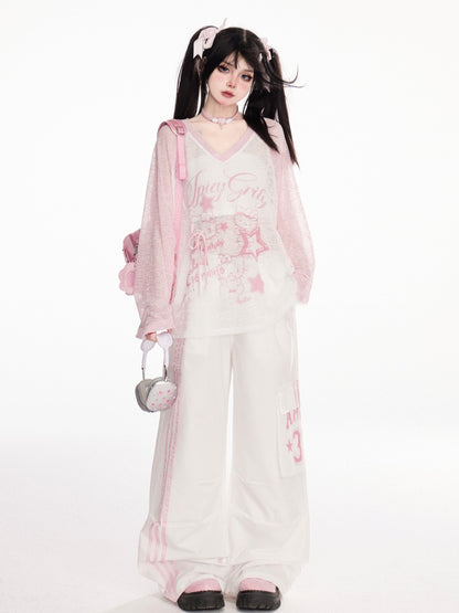 ドローストリングウエスト ストライプサイド ワイドレッグ カーゴパンツ ブラック/ホワイト