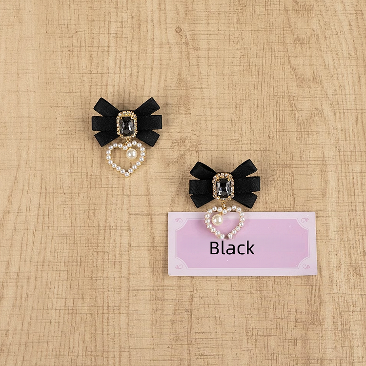 Dusty Jirai Heart with Hairclips Pink/Black Beaded Kei Rhinestone Charms Bow