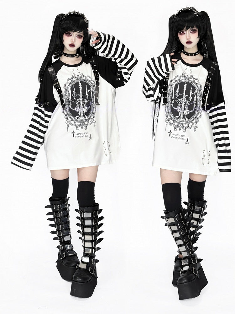 Printed Top Kei Black Striped Candle Straps Long-Sleeve Punk Decorated White Leather Jirai