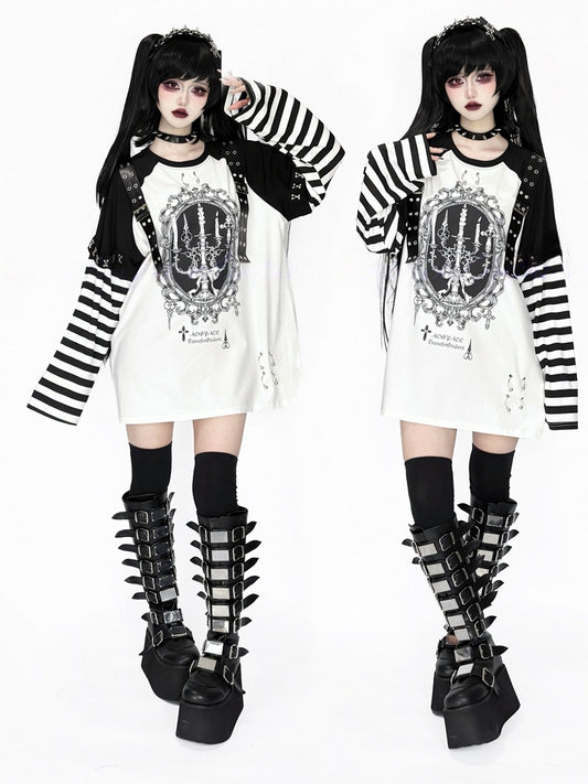 Printed Top Kei Black Striped Candle Straps Long-Sleeve Punk Decorated White Leather Jirai