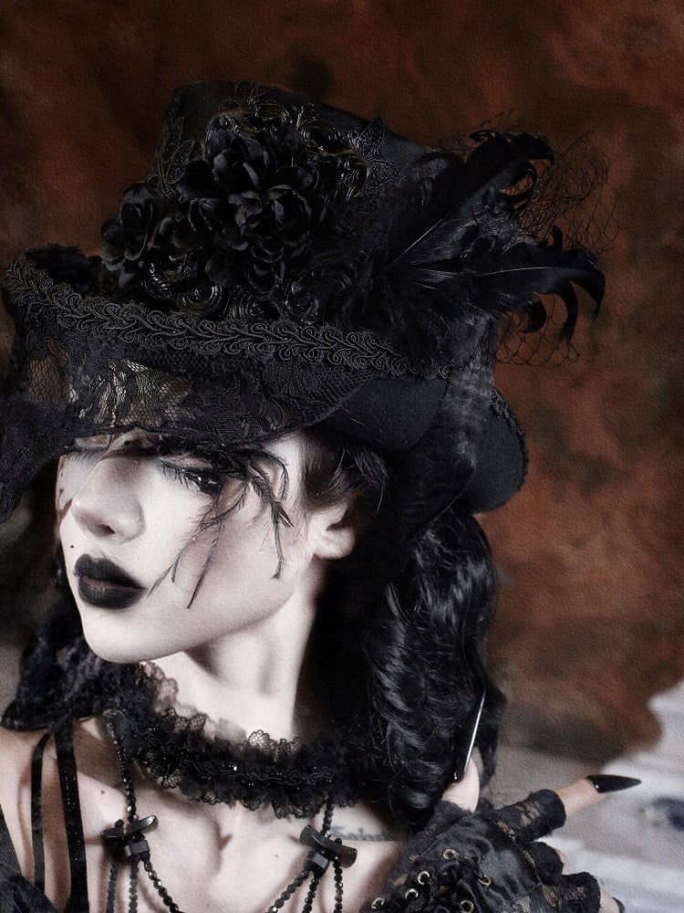 Hat and Feather Goth Floral Victorian-Inspired Top Trim with Lace Accents