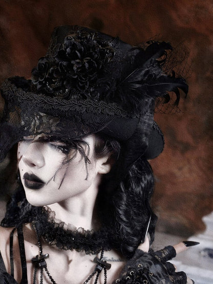 Hat and Feather Goth Floral Victorian-Inspired Top Trim with Lace Accents