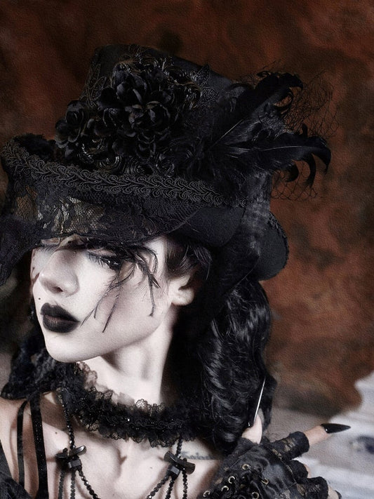 Hat and Feather Goth Floral Victorian-Inspired Top Trim with Lace Accents