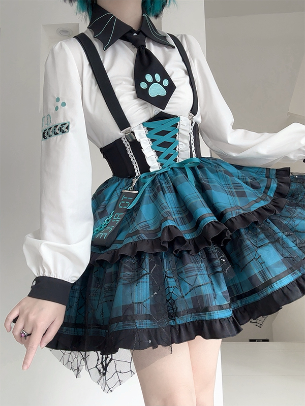 Long Punk Shirt Ruched Rock with Sleeves Tie White