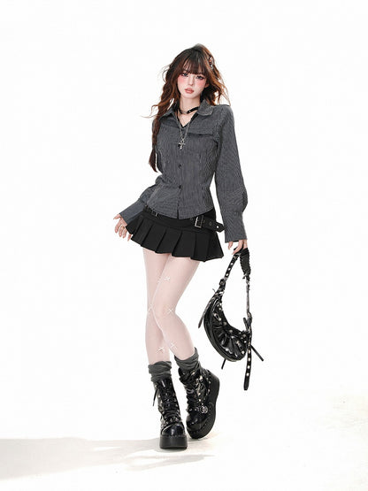 ブラックストライプ/ホワイトレースパッチバックスリムフィットシャツ