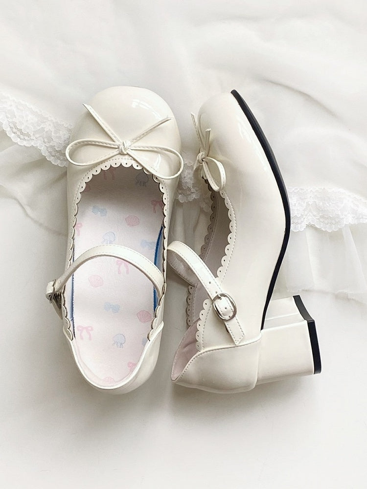White 5cm Lolita Janes Mary Bow Scalloped Sweet Trim with Mid-heel Accents