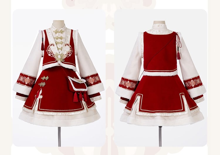 赤い新年の結び目ボタンのバンドカラーのロリータドレスベストタッセルクロスボディバッグフルセット