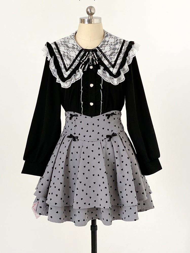 Kei Skirt: Pattern Tiered Waist with Dot Polka Heart High Jirai Dark Sweetness