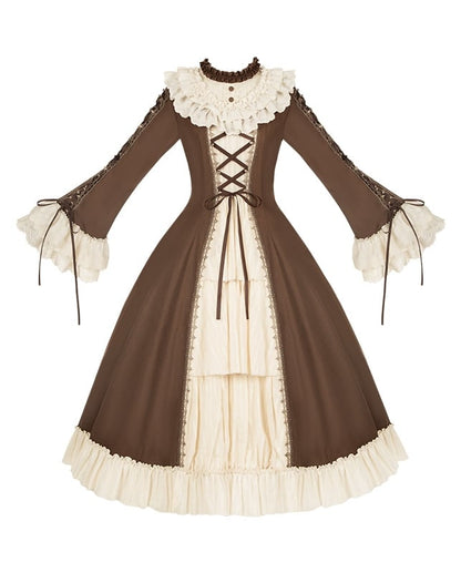 Lolita and Bell Beige Neckline Dress Long Brown Version Ruffle Elegant Sleeves