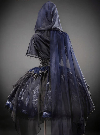 Black & Blue Bone Dragon Embroidery Halter Neck Gothic Lolita Dress Set - Ying Luo Fu
