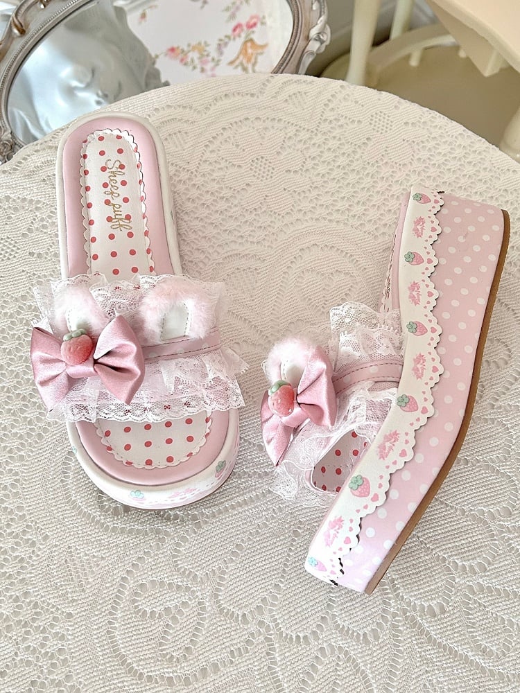 Sweet Accents Lolita Bunny Bow Pink Plush Slippers Ear Trim Platform Lace