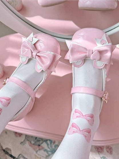 in Bear Closure Lolita Pink Ear Low-heel with PU Top Mary Bow Sweet Teddy Janes