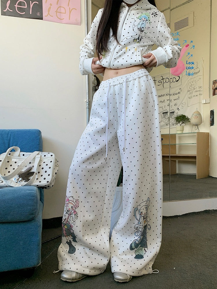 Design Pattern Polka-dot Pants Cartoon Girl Wide-leg White with Pull-on