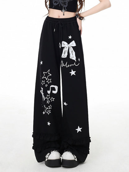 Weite Hose Schwarz/Hellgrau Schleife und Stern Print Vintage