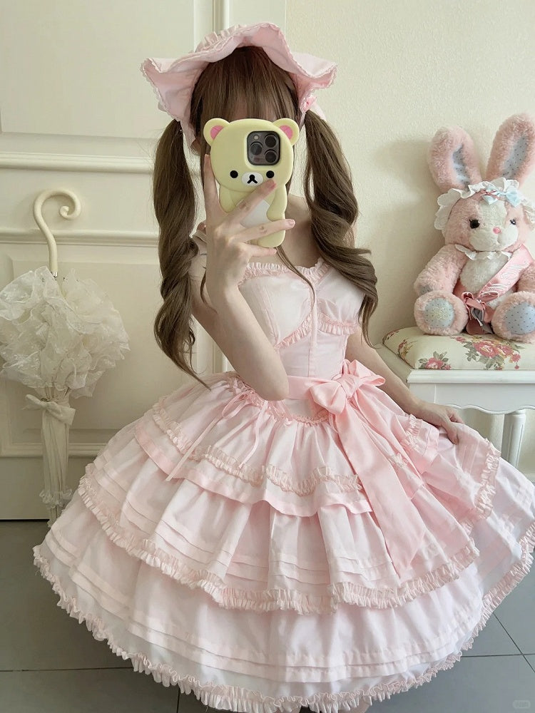 with Lingt Pink Lolita Accents Boned Dress JSK Flower Ruffle Layered