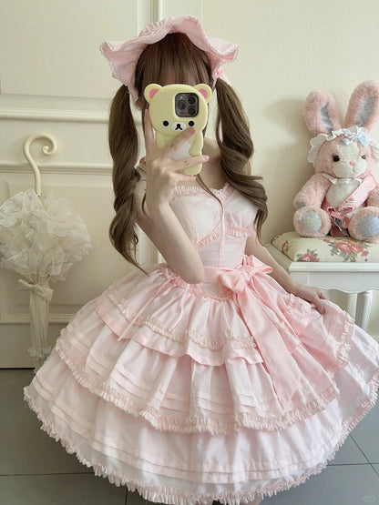 with Lingt Pink Lolita Accents Boned Dress JSK Flower Ruffle Layered